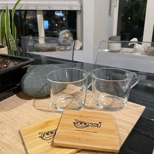Clear Glass Mug Set with Wooden Coasters